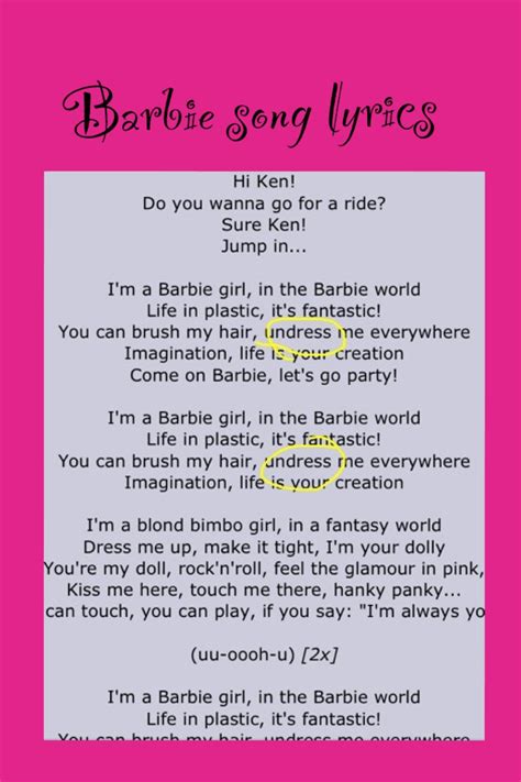 May 8, 2023 · The lyrics of Aqua’s “Barbie Girl” are a clever blend of satire, humor, and social commentary. Let’s take a closer look at the song’s verses, chorus, and overall narrative: Verse-by-verse Breakdown: The song’s opening lines introduce us to the contrasting characters of Barbie and Ken, setting the stage for the playful banter that ... 